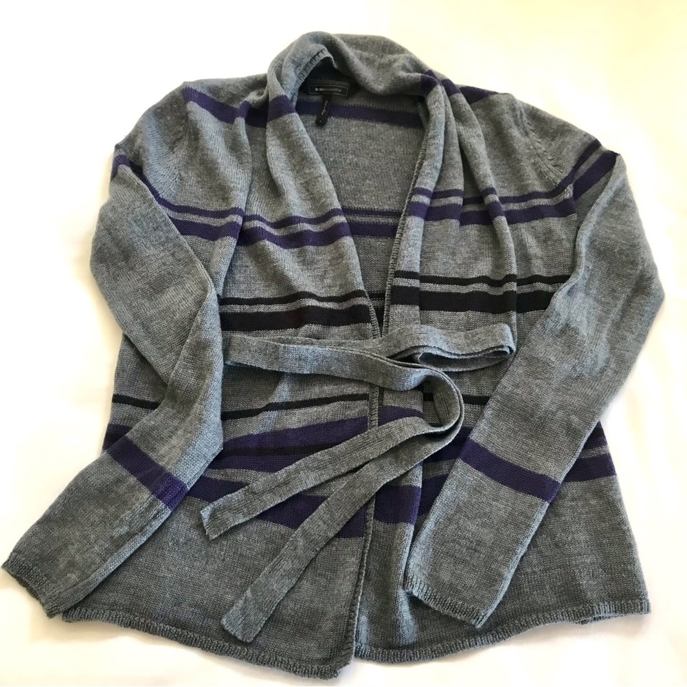 BCBG Maxazria Cardigan Sweater Women’s Sm Striped Gray & Purple 100% Merino Wool